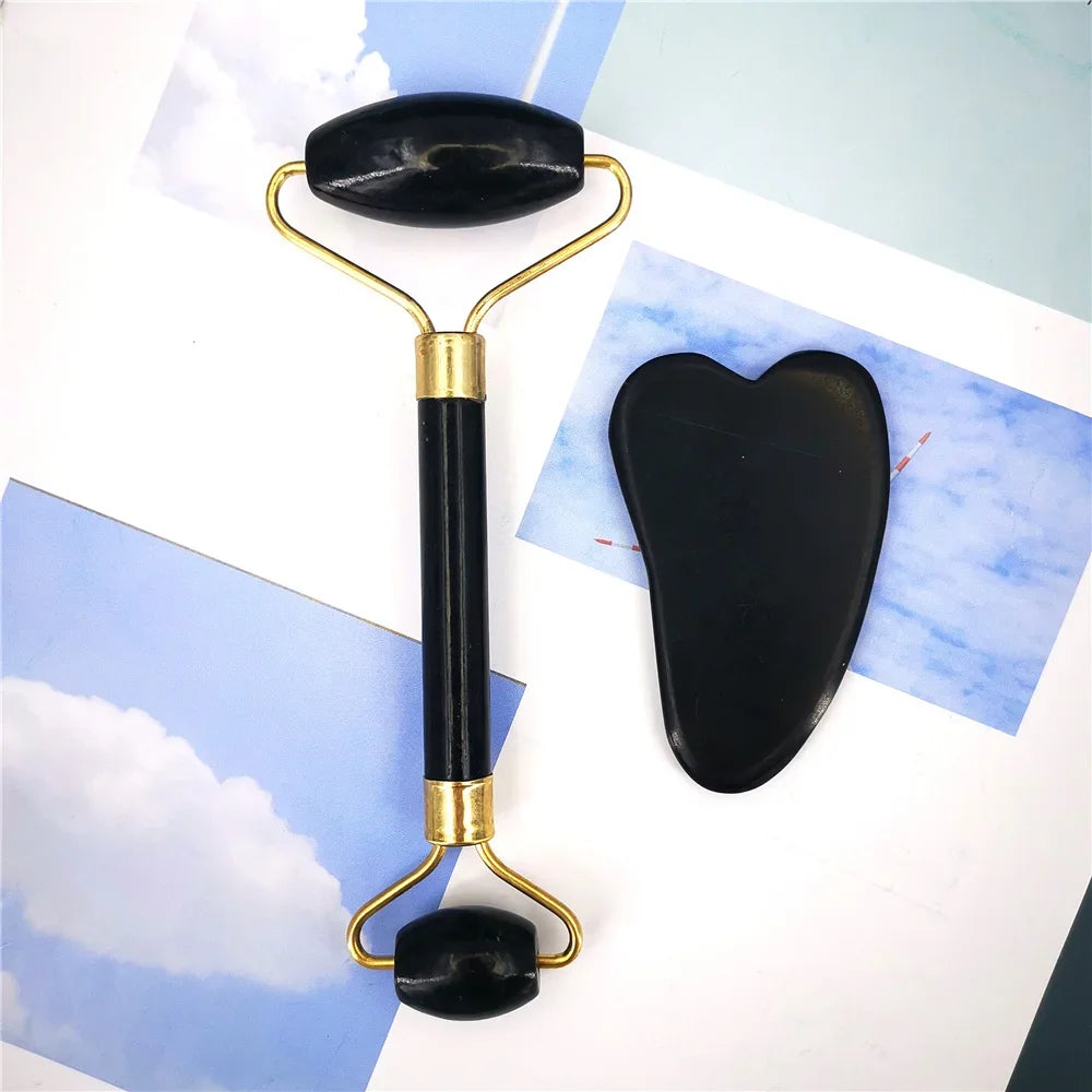 Rouleau de massage en obsidienne de jade et grattoir Gouache pour le visage, outils de soin de la peau, masseurs et rouleaux de beauté naturels pour le corps et le dos