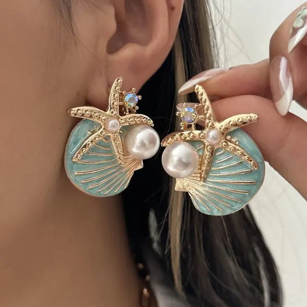 Boucles d'oreilles clous en forme d'étoile de mer et coquillage en métal pour femmes, élégantes, avec strass bleus et perles d'imitation, bijoux doux pour jeunes filles