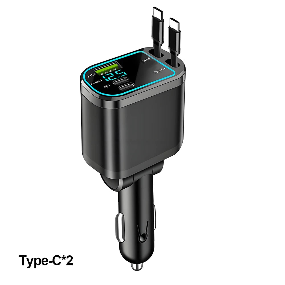 KEBIDUMEI M4 Chargeur de voiture rétractable 5-EN-1 Câble de charge rapide avec lumière étoilée Port USB PD Adaptateur d'alimentation Type-C Chargeurs de téléphone