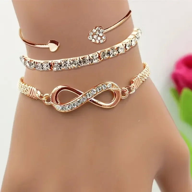 Lot de 3 bracelets en cristal strass cœur vintage pour femmes, à la mode, géométriques, ajustables, manchette infini, bijoux cadeau