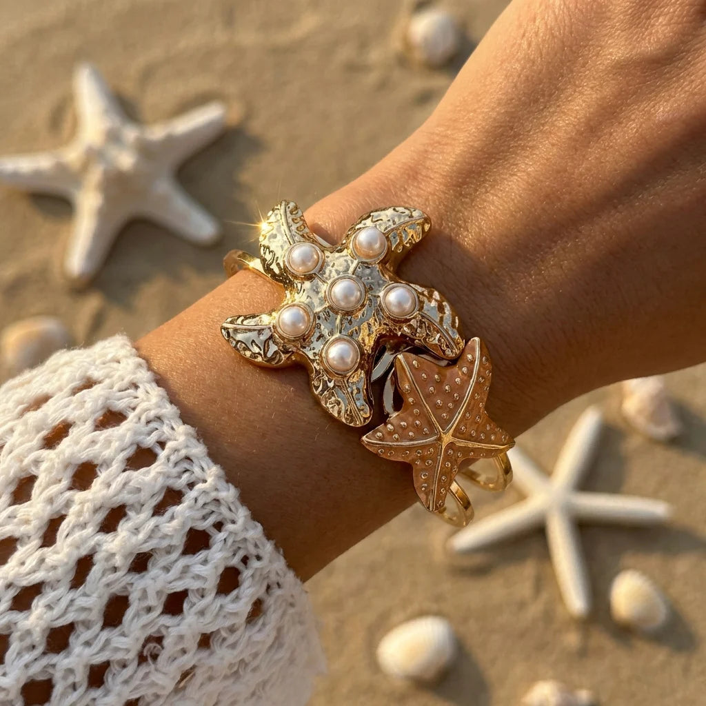 Bracelet manchette ouverte élégant avec fleur en émail pour femme, plaqué or, métal rose, blanc, bleu, motifs floraux, bijoux pour plage, fête, vacances