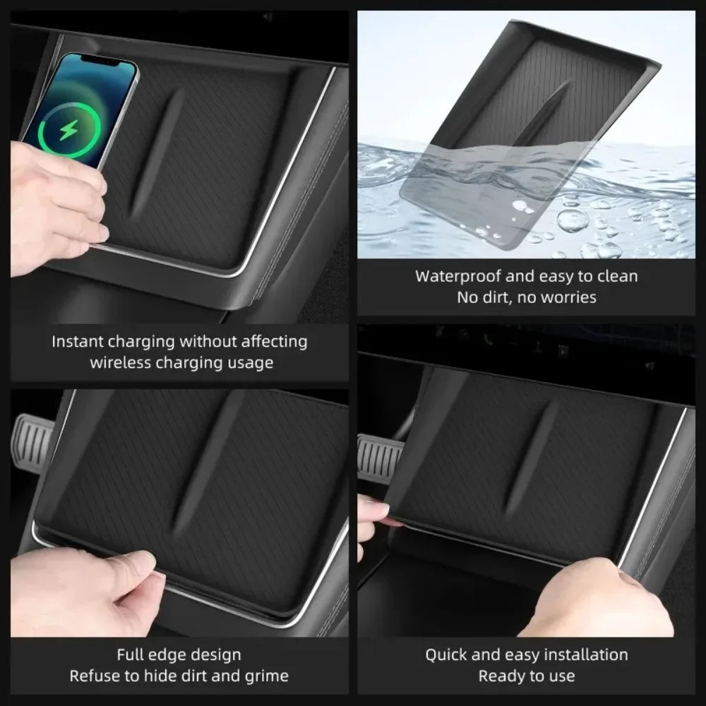 Non-slip Car Charger Mat Center Console Wireless Charging Pad for Tesla Model Y Juniper Model 3 2025 2026 Organizer Accessories