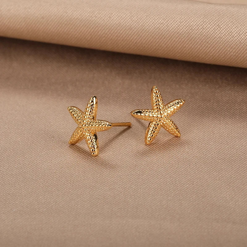 Vintage Summer Starfish Stainless Steel Stud Earrings For Women Simple Star Shell Earrings Stud Ocean Party Jewelry Gift