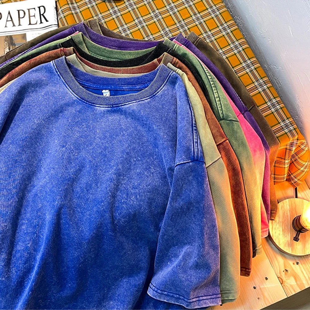 T-shirts Homme Femme Vintage Flocon de Neige Point Couleur Unie 100% Coton Manches Courtes Lavage à l'Eau Vieille Rue Hip Hop