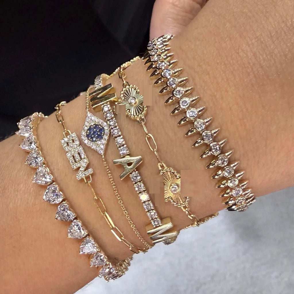 2025 New Fashion Women  Gold Color Bezel Sparking CZ Spiked Charm Tennis Chain Bracelet Rock Punk Cool Jewelry