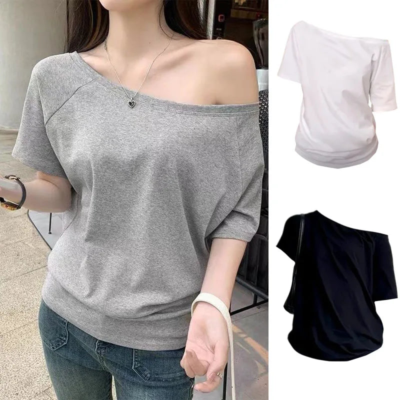 1 t-shirt d'été basique de couleur unie pour femme - T-shirt à col oblique et manches courtes pour femme, style urbain, coupe sexy et ajustée