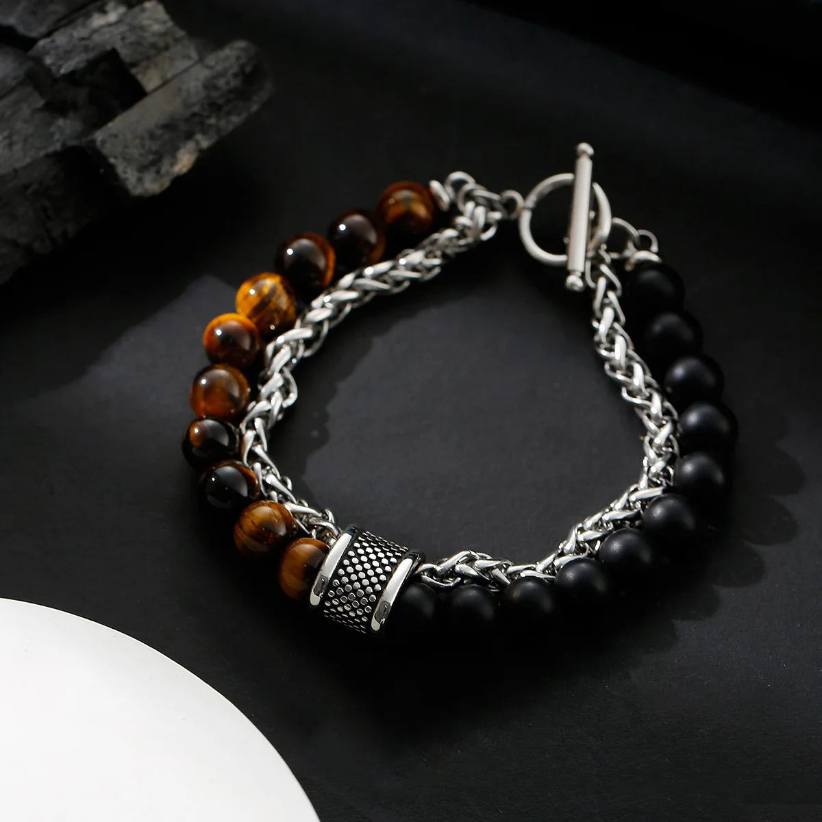 HNSP Chapelet Perles Œil de Tigre Acier Inoxydable Chaîne de Main Bracelet de Jonction pour Hommes Protéger Bijoux Accessoires Homme