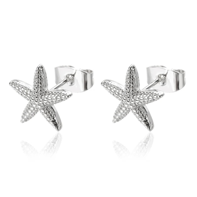 Boucles d'oreilles clous en acier inoxydable motif étoile de mer et coquillage pour femme, couleur or, style minimaliste, pour mariage, bijoux de plage d'été, cadeau