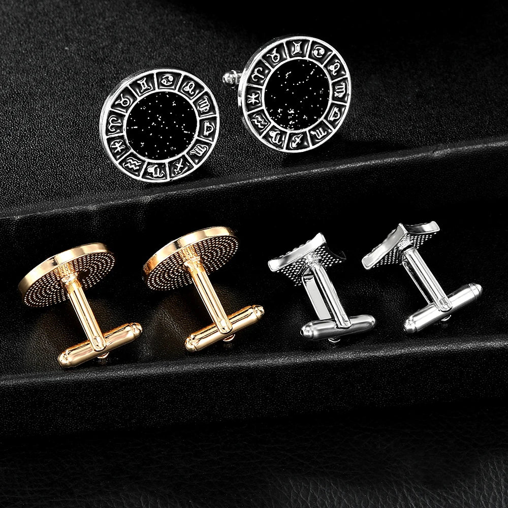 2Pcs/Set New The Zodiac Sign Design Galaxy Mens Cufflinks Space Shiny Rhombus Shaped Roman Numerals Cuff Button
