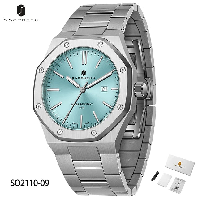 Montre SAPPHERO pour hommes, bracelet en acier inoxydable, design résistant à l'eau, calendrier automatique, cadeaux de fête, horloge de boîte-cadeau exquise