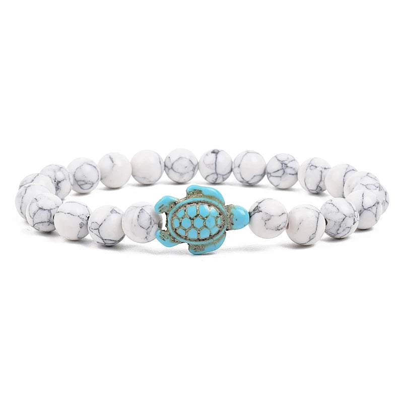 Bracelet perles tortues de mer 8 mm Turquoise Pierre Naturelle Élastique Extensible Femmes Hommes Amitié Bijoux d'Été Plage Cadeaux