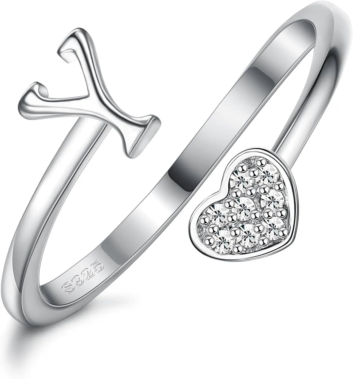 Fansilver Bagues initiales en argent sterling 925, bagues empilables réglables en forme de cœur, jolies bagues alphabétiques en forme de cœur, cadeau pour elle