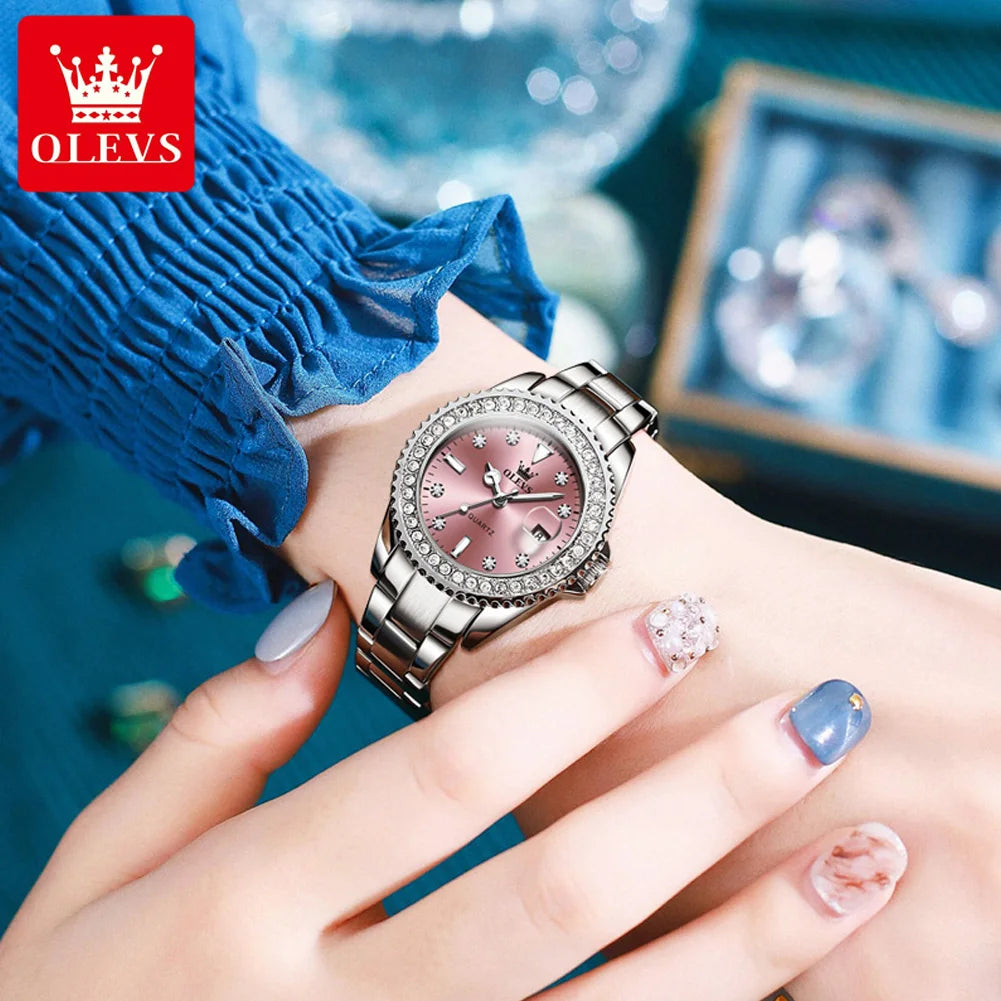 OLEVS 9945 Montre à quartz originale de marque supérieure pour femmes Montre-bracelet de luxe à calendrier à diamants en acier inoxydable pour femmes