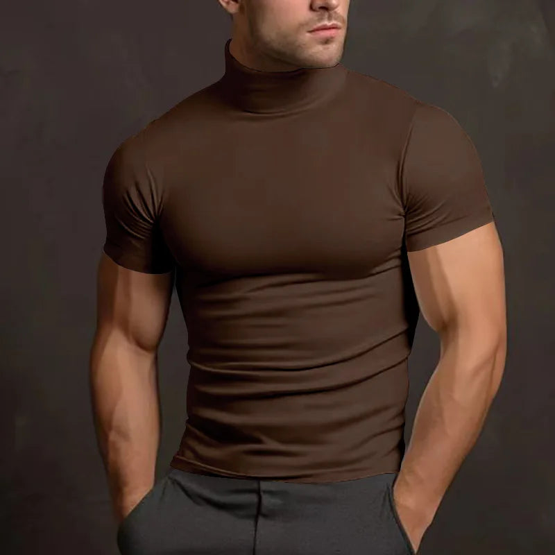 T-shirt à col roulé serré pour homme, couleur unie, mode, manches courtes, été 2024, Amazon transfrontalier