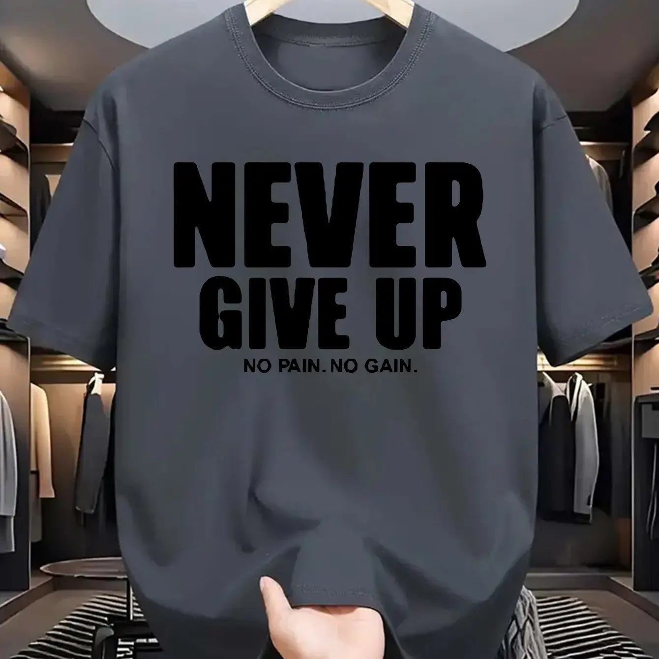T-shirt homme à manches courtes et col rond, 100 % coton pur, décontracté, ample, avec motif de lettres "never give up" imprimé