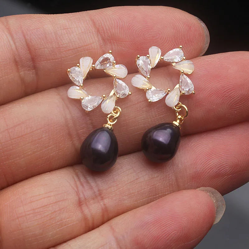 Véritable Perle de Culture d'Eau Douce Blanche Boucles d'Oreilles Puces Femme, Mariage Argent 925 Perle Bijoux Épouse Cadeau Anniversaire Rose Noir
