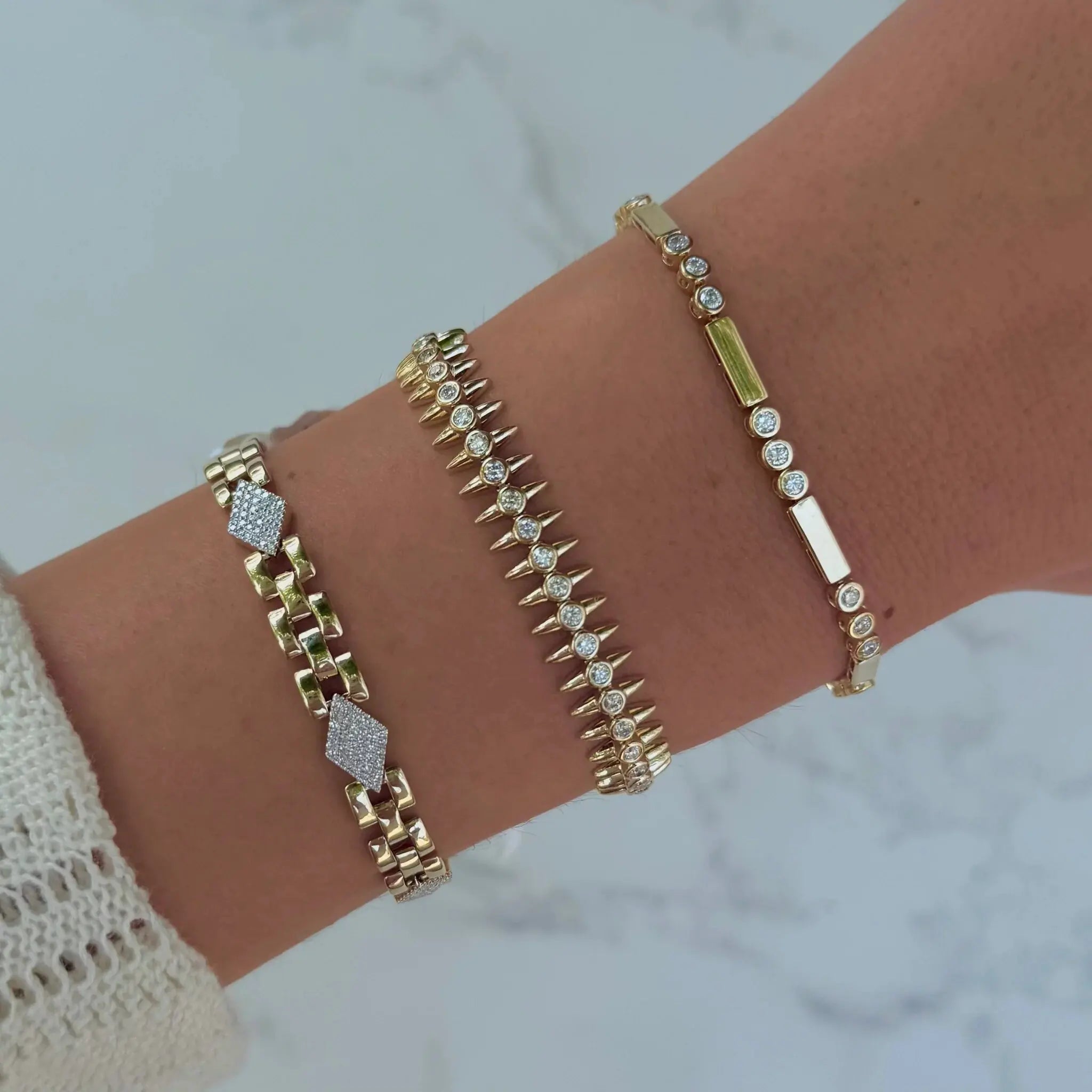 2025 New Fashion Women  Gold Color Bezel Sparking CZ Spiked Charm Tennis Chain Bracelet Rock Punk Cool Jewelry