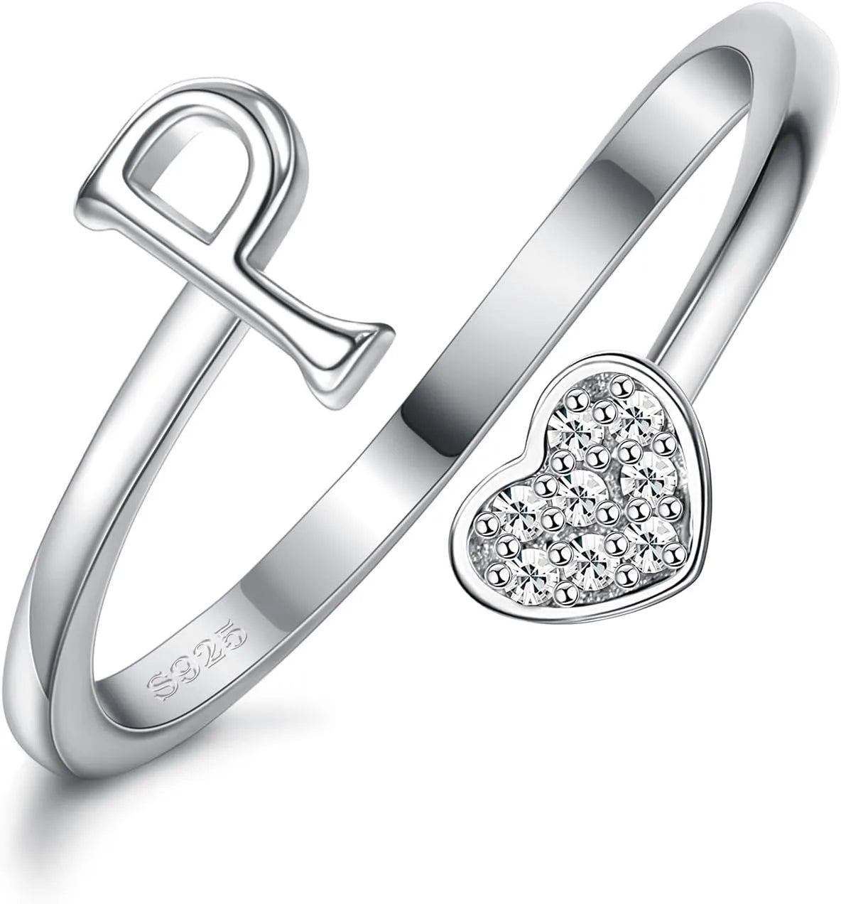 Fansilver Bagues initiales en argent sterling 925, bagues empilables réglables en forme de cœur, jolies bagues alphabétiques en forme de cœur, cadeau pour elle