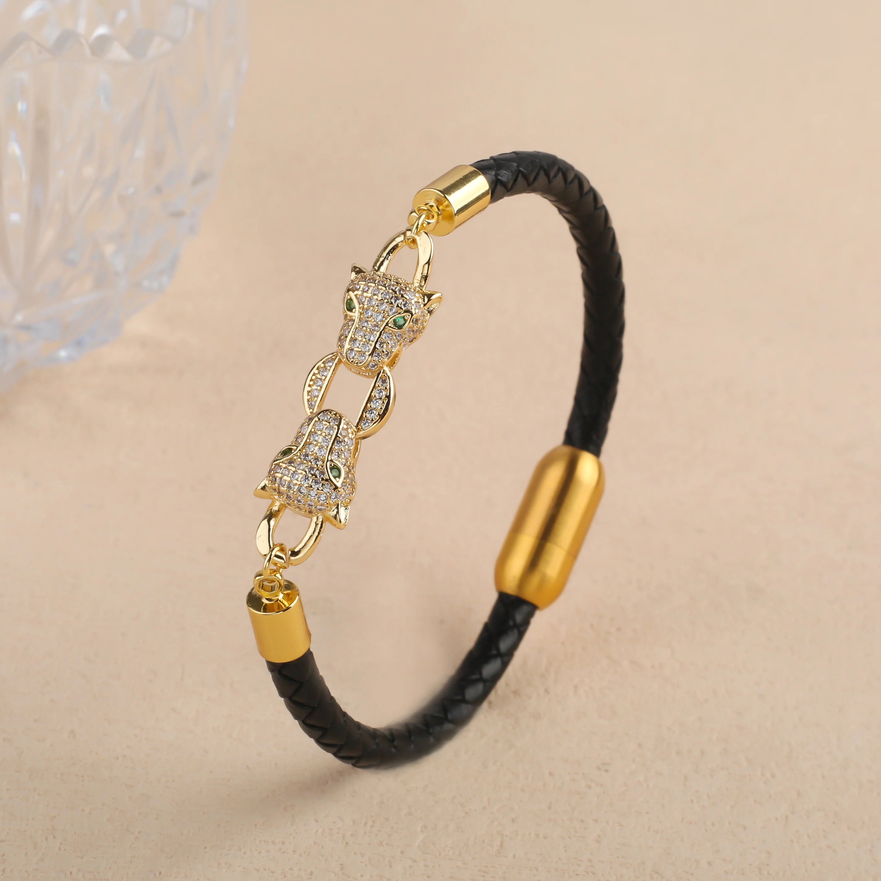 Bracelet Cordon Cuir Tressé Tête de Léopard Style Animal Bully Mode Homme Femme Bijoux Acier Inoxydable Zirconia Quotidien