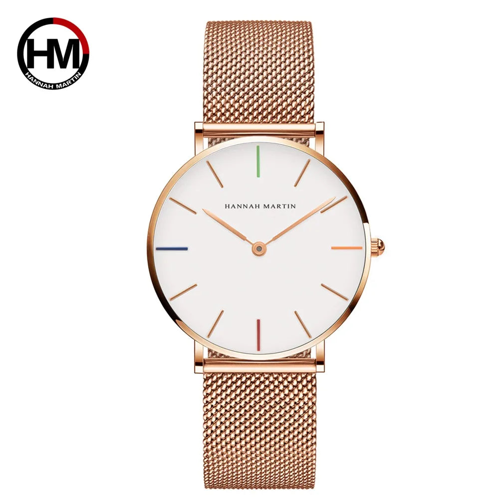 Montre Dropshipping HANNAH MARTIN Femme Qualité Supérieure Acier Inoxydable Mouvement Japonais Quartz Étanche 36mm Or Rose Complet