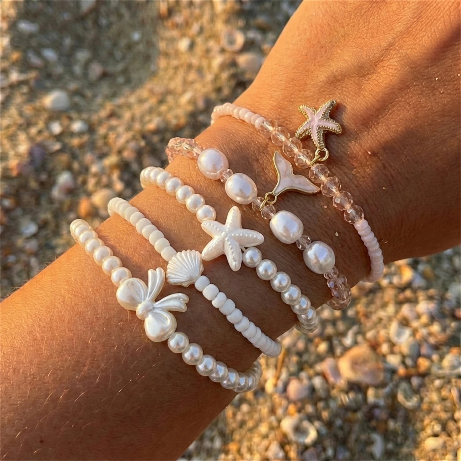 Ensemble de bracelets de perles coquillages étoile de mer bohèmes pour femmes, pour l'été, la plage, multicouches, étoile de mer, conque, bracelets empilés, bijoux de fête, cadeaux