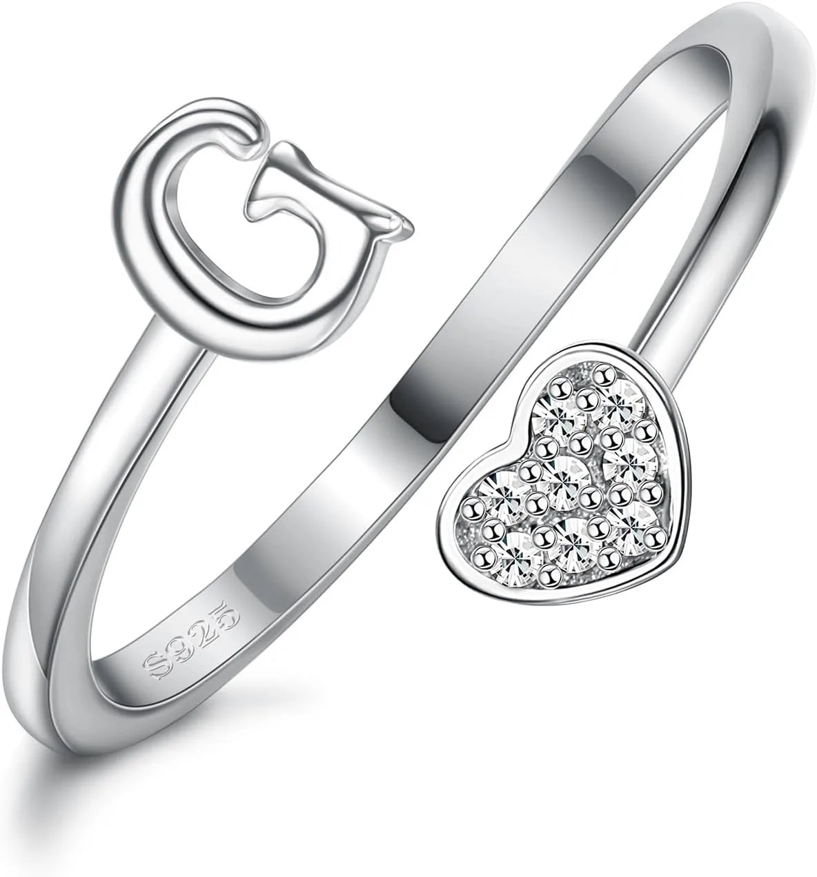 Fansilver Bagues initiales en argent sterling 925, bagues empilables réglables en forme de cœur, jolies bagues alphabétiques en forme de cœur, cadeau pour elle