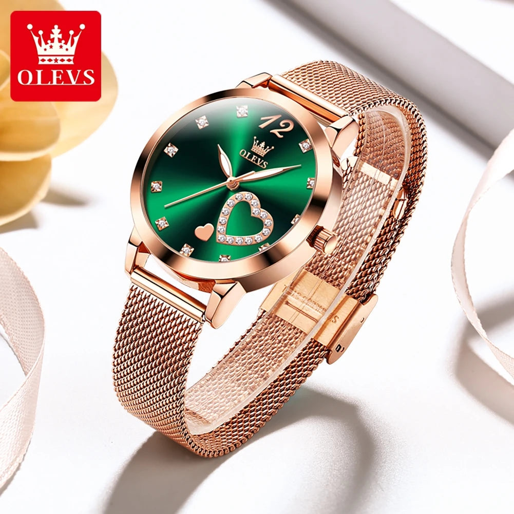 OLEVS 5189 Montre Femme Quartz Montre-Bracelet Décontractée Mode pour Femmes Étanche Lumineuse Maille Ceinture Cadran Amour Échelle Zircon