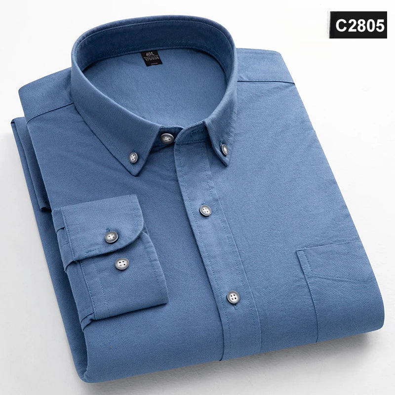 Chemise à manches longues 100 % coton pour homme, coupe classique, poche unique, coupe ajustée, haut décontracté, tissu Oxford doux, couleur unie, vêtements de bureau