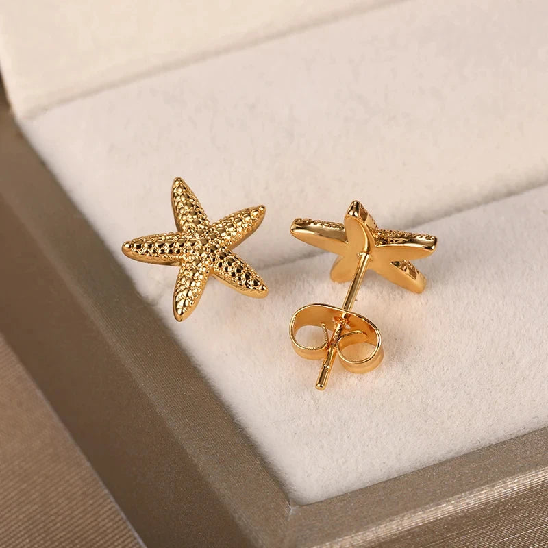 Vintage Summer Starfish Stainless Steel Stud Earrings For Women Simple Star Shell Earrings Stud Ocean Party Jewelry Gift