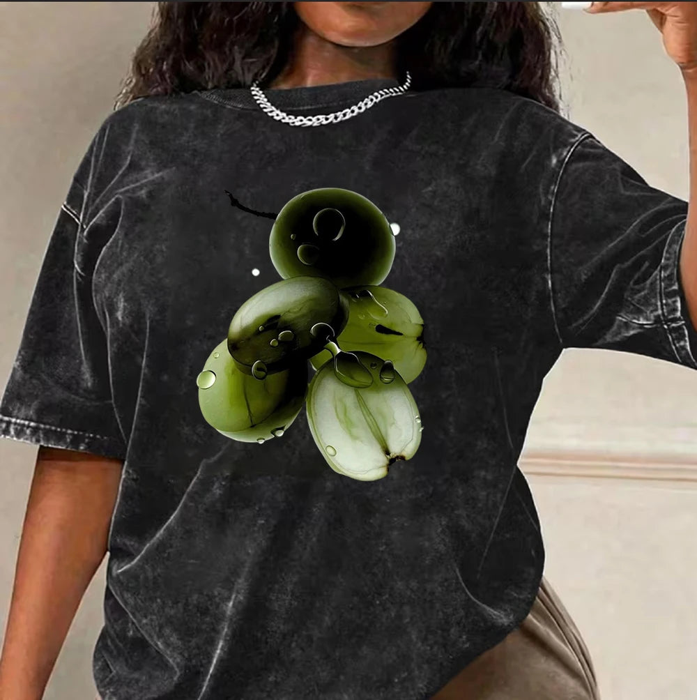T-shirt Lavé Noir Vintage Pastèque Coco Ambiance Estivale Imprimé Boissons Tropicales Décontracté Surdimensionné en Coton Pour la Plage