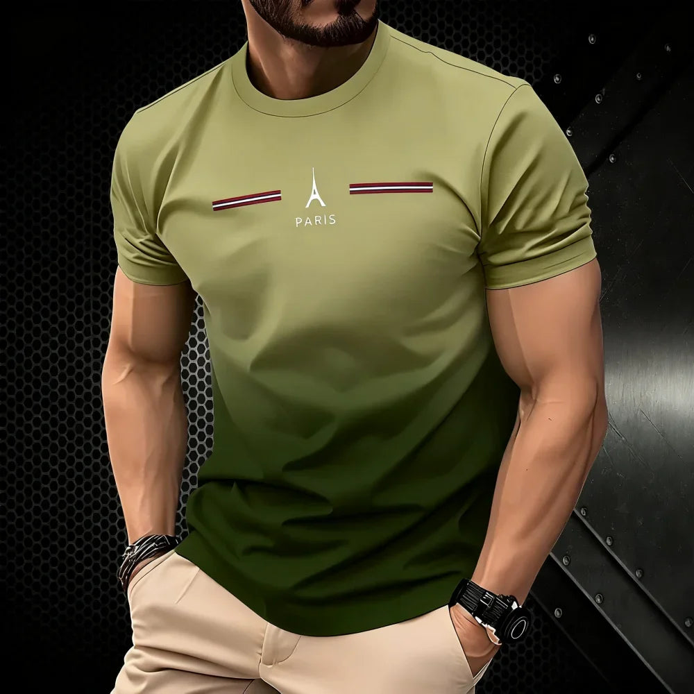 T-shirt homme d'été dégradé 3D simple avec impression Paris, vêtement décontracté, coupe oversize, col rond, manches courtes, pour le sport