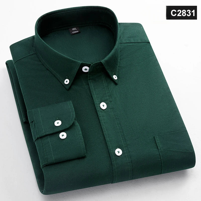 Chemise à manches longues 100 % coton pour homme, coupe classique, poche unique, coupe ajustée, haut décontracté, tissu Oxford doux, couleur unie, vêtements de bureau