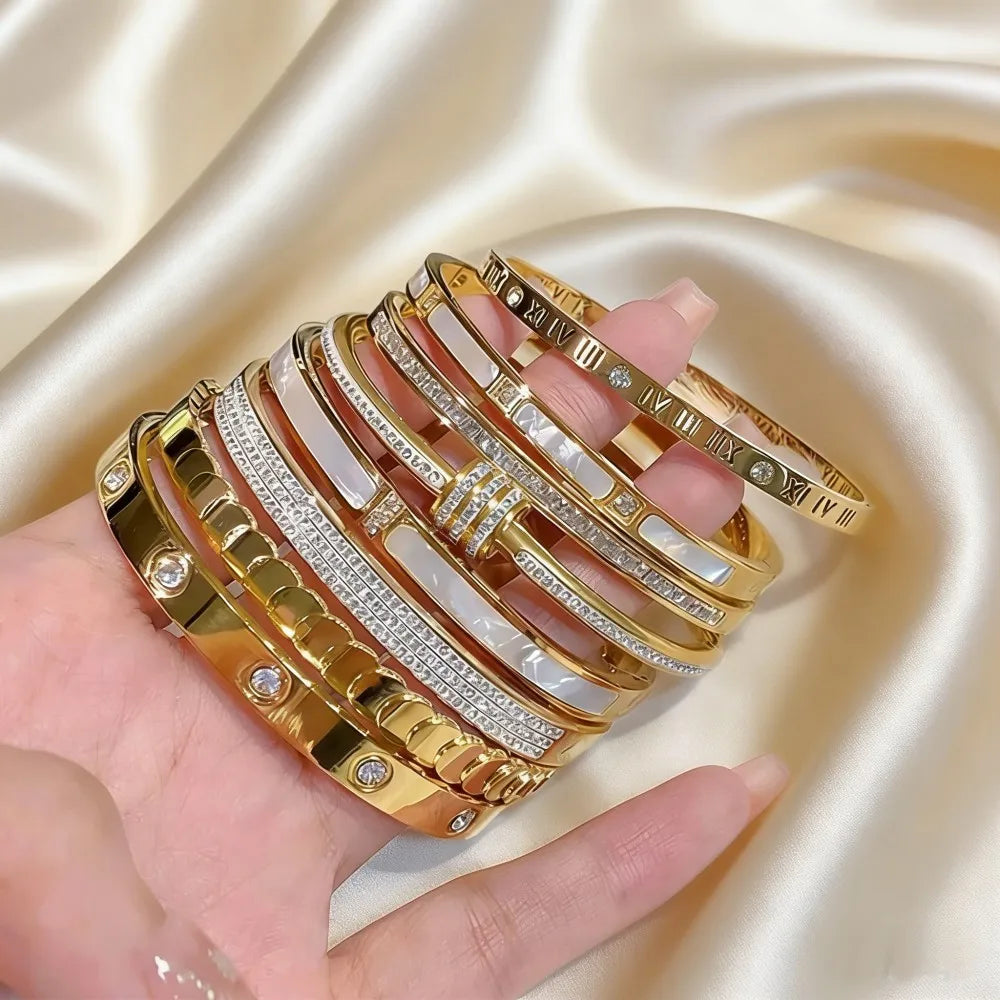 Bracelet jonc de luxe en acier inoxydable plaqué or pour femme, accessoire de mode, cadeau de fête des Mères