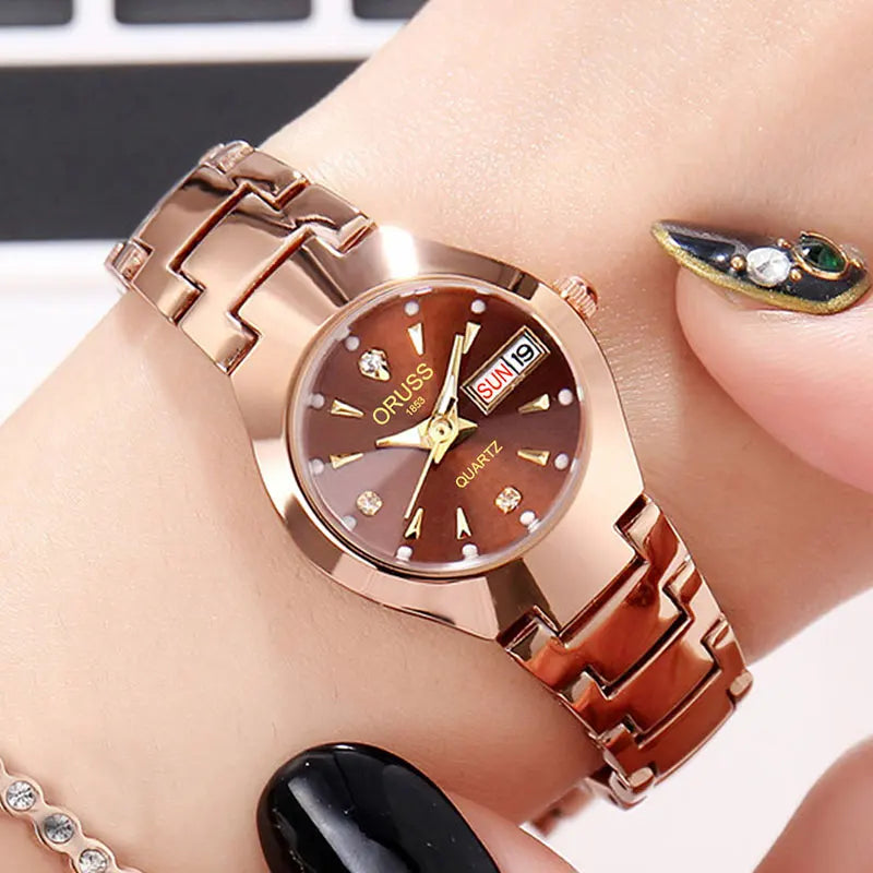 Montre Femme ORUSS de marque tendance, en acier inoxydable de haute qualité, étanche, avec aiguille lumineuse, calendrier de la semaine, élégance, montre à quartz pour femme.