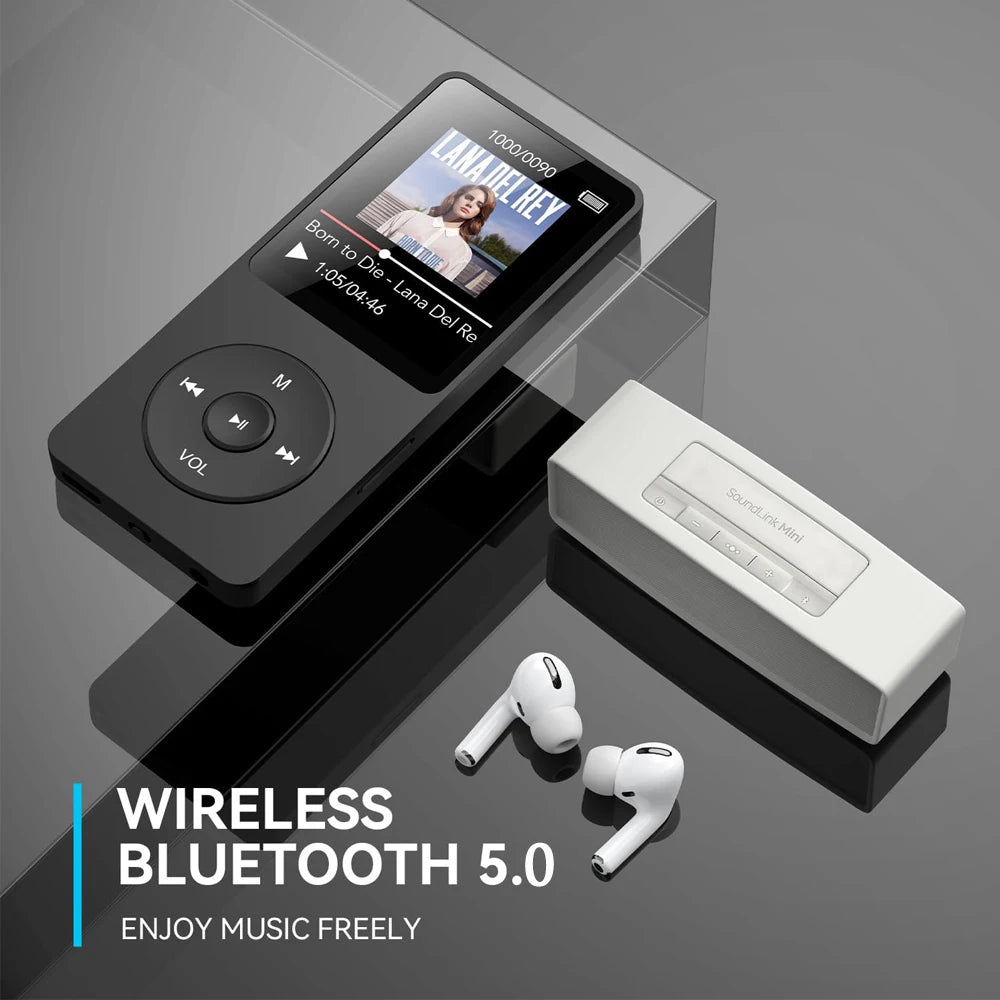 Lecteur MP3 Bluetooth 5.0 Lecteur de Musique Portable Écran 1,8 pouces Haut-parleur Intégré Lecteur de Musique Stéréo Support Radio FM Enregistrement E-Book