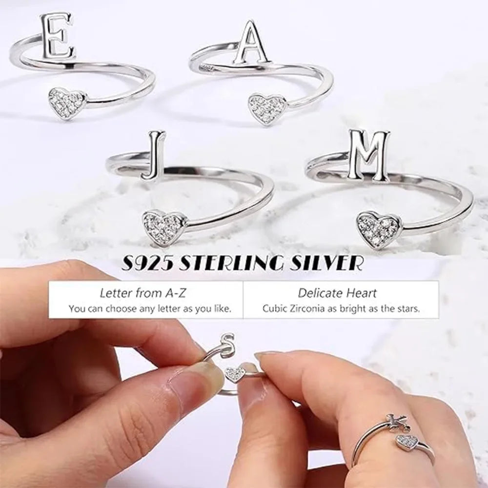 Fansilver Bagues initiales en argent sterling 925, bagues empilables réglables en forme de cœur, jolies bagues alphabétiques en forme de cœur, cadeau pour elle