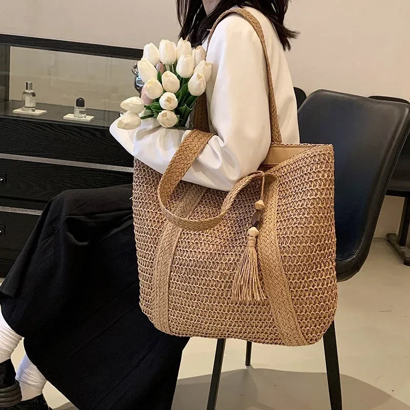 Sac à main élégant en paille tissée pour femme - Sac fourre-tout décontracté pour les vacances à la plage, les trajets quotidiens - Sacs à main rétro à bandoulière tendance 2024