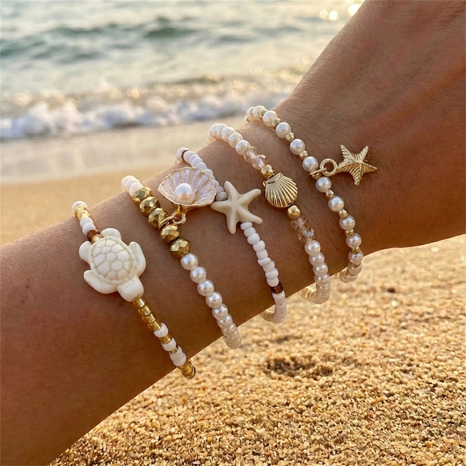 Ensemble de bracelets de perles coquillages étoile de mer bohèmes pour femmes, pour l'été, la plage, multicouches, étoile de mer, conque, bracelets empilés, bijoux de fête, cadeaux