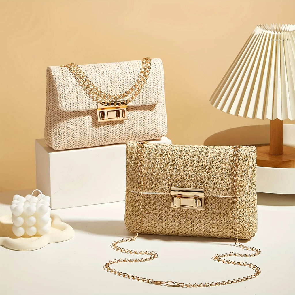 Sac à bandoulière tissé en paille pour femme, sac à bandoulière de couleur unie à la mode avec fermeture à loquet