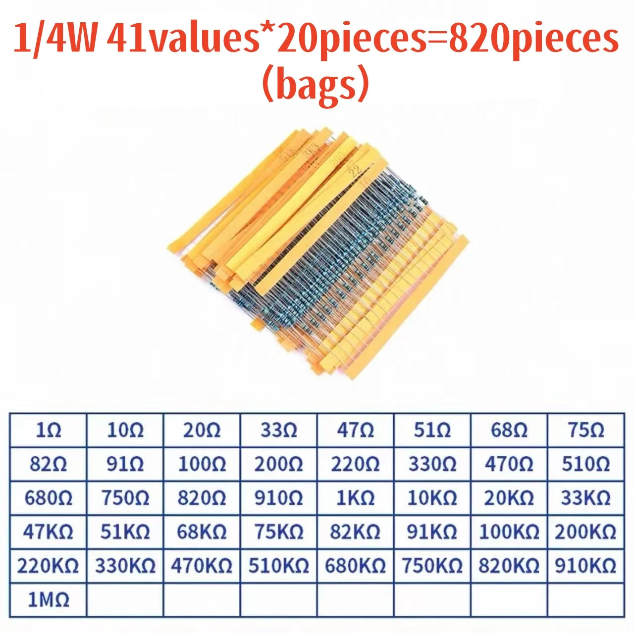 300 pcs/600 pcs/820 pcs Kit de résistances 1 % 1/4 W à film métallique, 10 Ohms ~ 1 M Ohms, 30 valeurs, Kit de composants électroniques