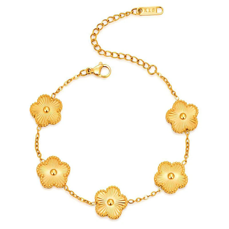 Collier en Acier Inoxydable Plaqué Or 14 Carats pour Femme, Pendentif Double Face Cinq Pétales de Fleur, Bijou Trèfle