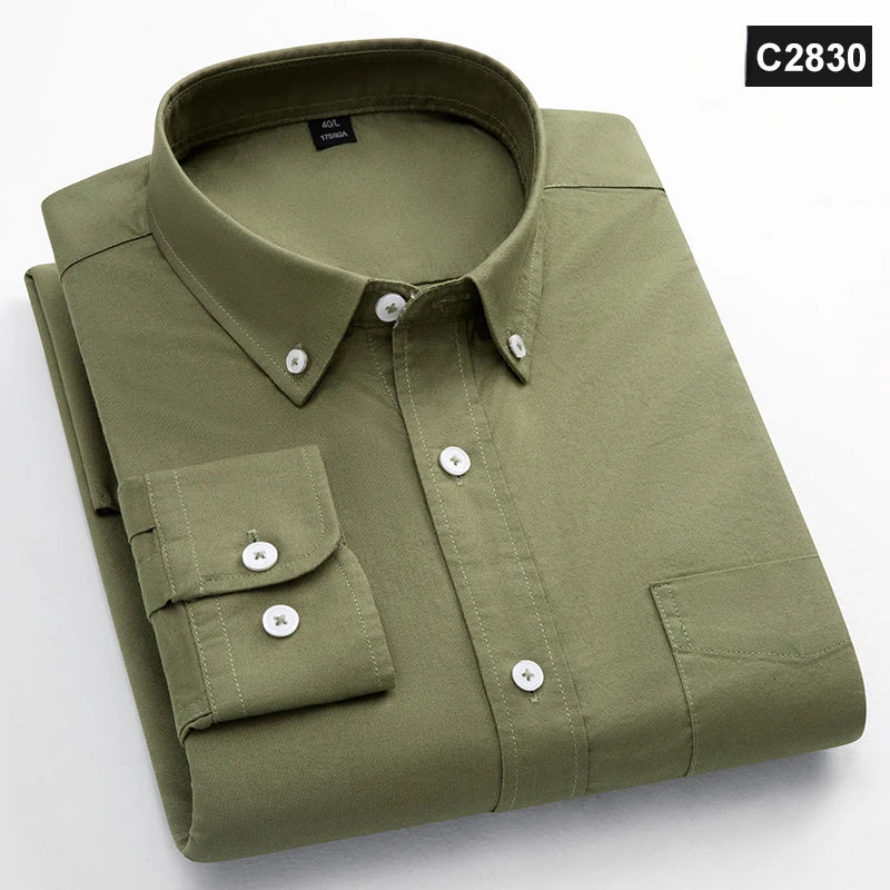 Chemise à manches longues 100 % coton pour homme, coupe classique, poche unique, coupe ajustée, haut décontracté, tissu Oxford doux, couleur unie, vêtements de bureau
