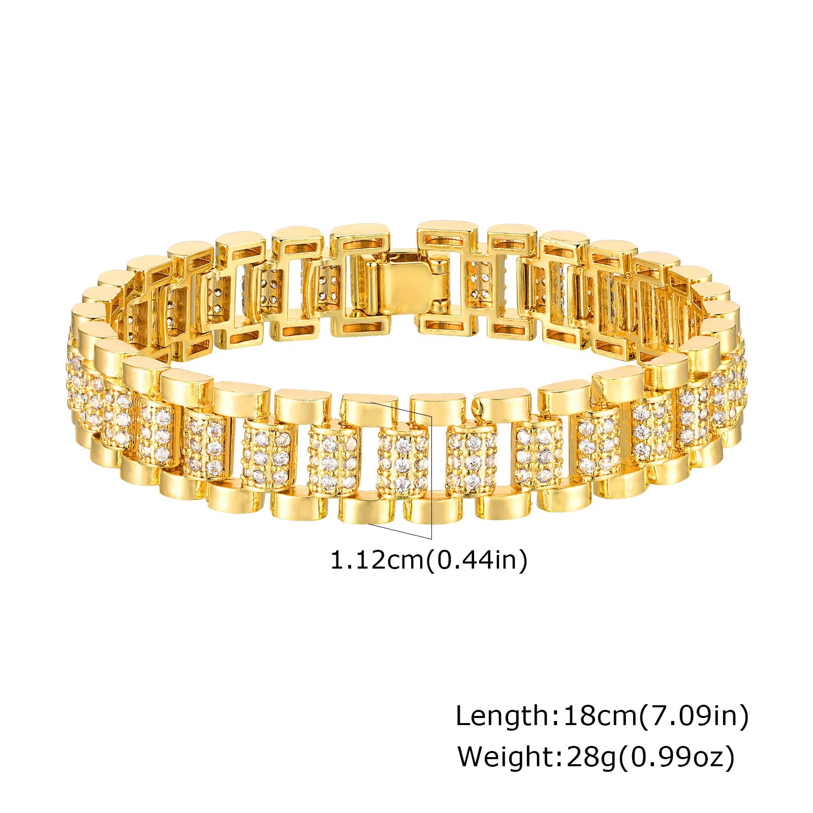 Bracelet chaîne trombone en or 14 carats plaqué oxyde de zirconium, bracelet de montre à maillons épais réglable et superposable pour femme et fille, idée cadeau