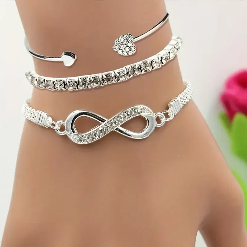 Lot de 3 bracelets en cristal strass cœur vintage pour femmes, à la mode, géométriques, ajustables, manchette infini, bijoux cadeau