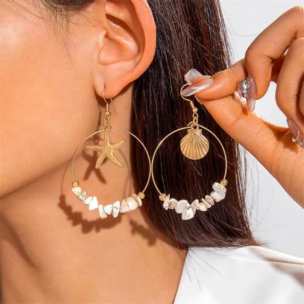 Boucles d'oreilles clous en forme d'étoile de mer et coquillage en métal pour femmes, élégantes, avec strass bleus et perles d'imitation, bijoux doux pour jeunes filles