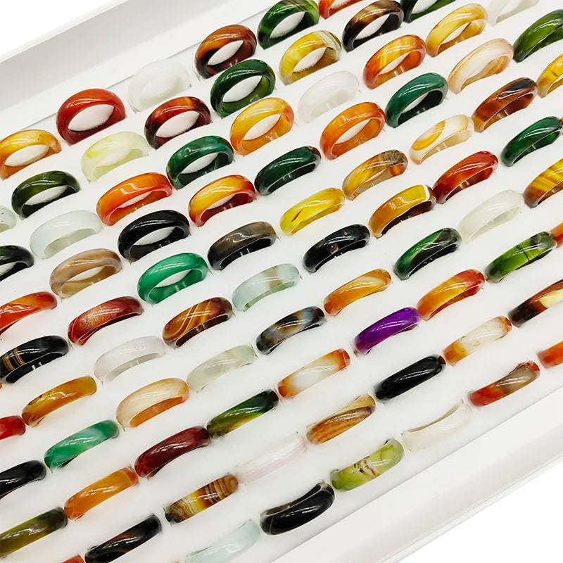 20 pièces/lot de bagues en pierre d'agate couleur mélangée, style bohème, pour femmes, grain naturel, articulées, cadeau de mariage, de fête