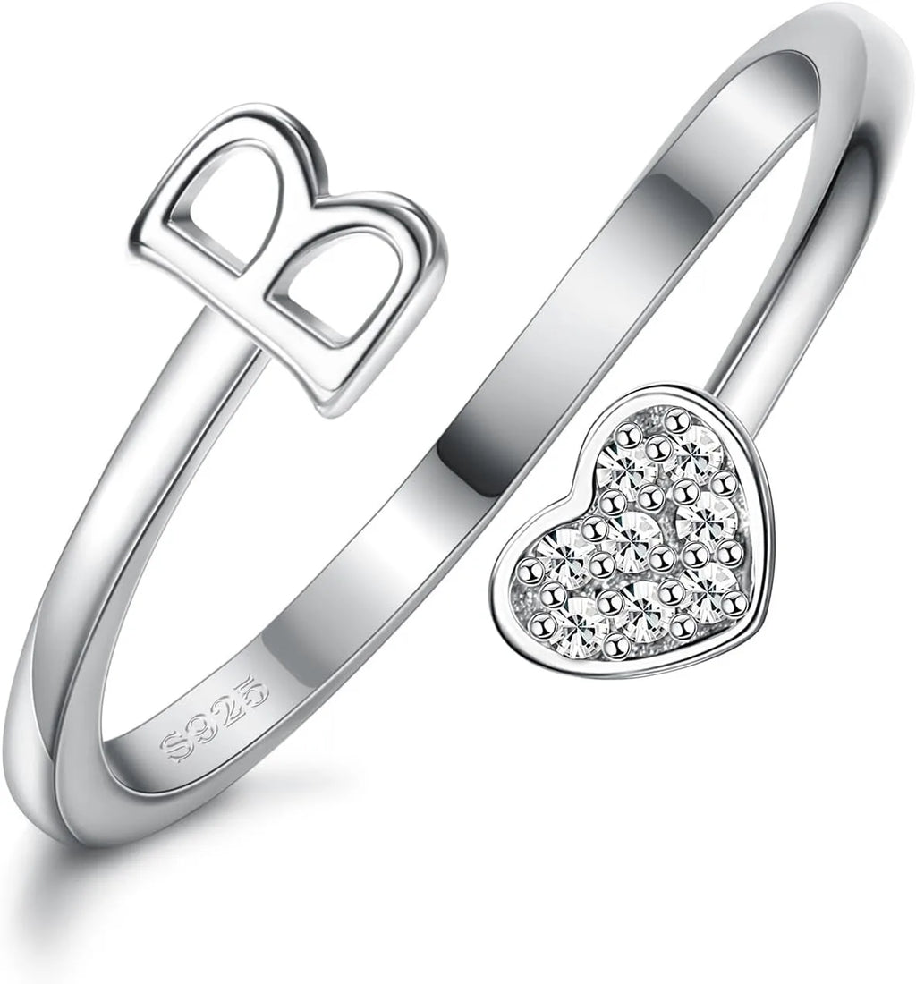 Fansilver Bagues initiales en argent sterling 925, bagues empilables réglables en forme de cœur, jolies bagues alphabétiques en forme de cœur, cadeau pour elle