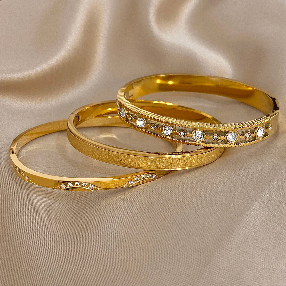 Exquis Bracelet Jonc Incrusté de Zircon Nouvelle Manchette Plaqué Or Femme Homme Géométrique Empilable Étanche Breloques Bijoux Cadeaux
