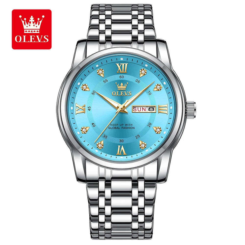 OLEVS 5513 Montre à quartz originale exclusive pour homme Diamant Échelle romaine Montre-bracelet étanche Double calendrier Montre en acier inoxydable