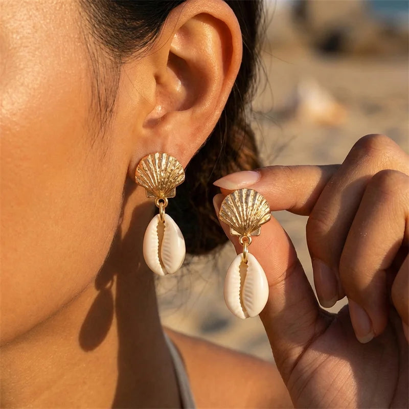 Boucles d'oreilles pendantes étoile de mer coquillage style Bohème Océan pour femmes, Conque de bord de mer, boucles d'oreilles perle, Bijoux de charme pour fête à la plage